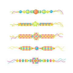 Set of beaded coloful bracelets for children. Orange and blue strings of beading bracelet. Handmade girls beads ribbons.
