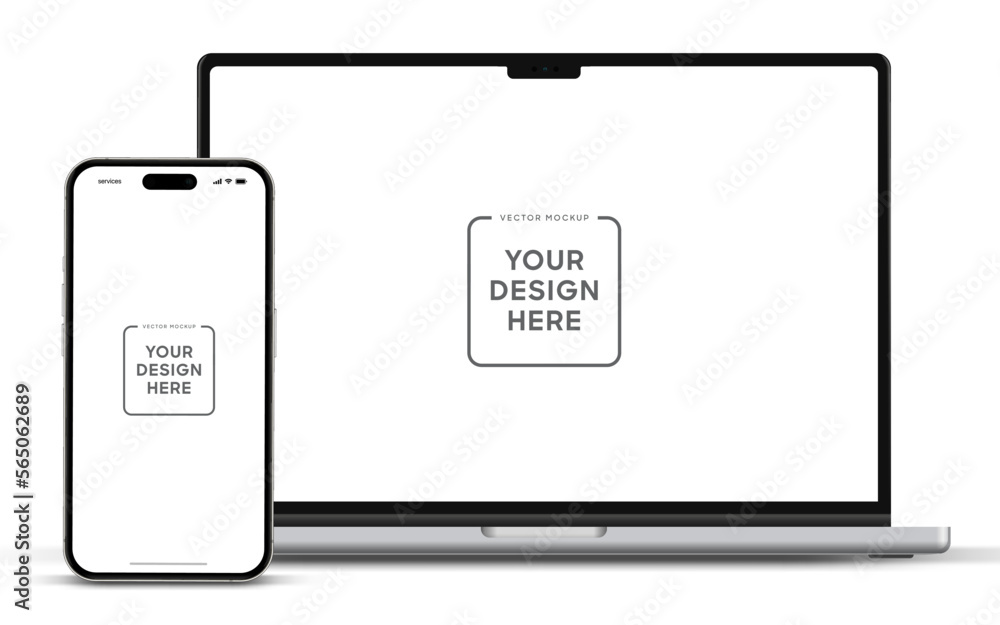 Aufkleber Modern laptop mockup front view and smartphone mockup high quality isolated on white background. Notebook mockup and phone device mockup for ui ux app and website presentation Stock Vector.