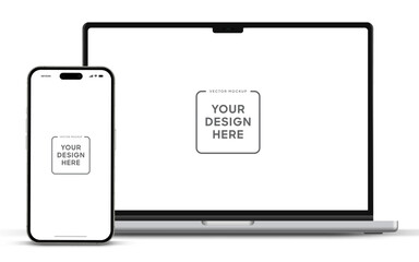 Modern laptop mockup front view and smartphone mockup high quality isolated on white background. Notebook mockup and phone device mockup for ui ux app and website presentation Stock Vector. - obrazy, fototapety, plakaty