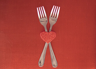 Heart and two forks. Festive table setting. Holiday concept. Valentine's Day. Banner