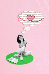 Creative trend collage of dreamy cute young woman look interested thoughtful heart think minded...