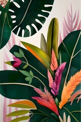 floral wallpaper. tropical plants, bright green flowers, grass, leaves pattern