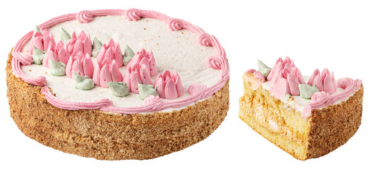 Cake with glaze cream. Birthday pie cake and slice isolated on white bakcground with clipping path