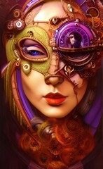 woman in mask, steampunk style, generative ai, surreal illustration, (these depiction is fictitious and generated)
