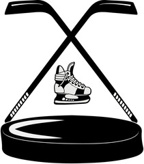black and white set - stick, puck and skate for hockey - lovely logo