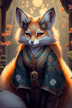 Japanese Kitsune fox paint. AI generated 