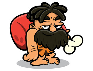Cartoon illustration of Cavemen with dreadlocks and beard, wearing animal leather outfit, carrying a fresh meat in his shoulder. Best for sticker, logo, and mascot with primitive life themes
