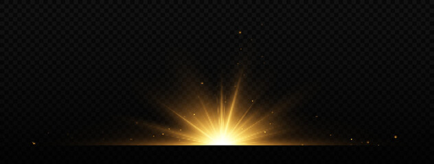 Bright golden flashes on black background. Shining star, beautiful golden rays. Optical flare.