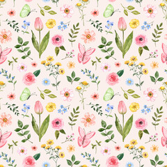 Fototapeta na wymiar Cute floral seamless pattern. Watercolor pretty spring flowers, and butterflies on a pastel pink background. Botanical wallpaper.