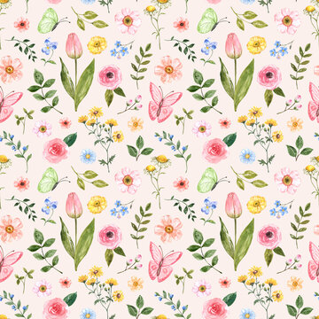 Cute floral seamless pattern. Watercolor pretty spring flowers, and butterflies on a pastel pink background. Botanical wallpaper.