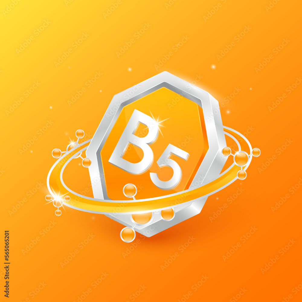 Poster logo label nutrition 3d silver. vitamin b5 in octagon orange shape and atom orbit around. used for p