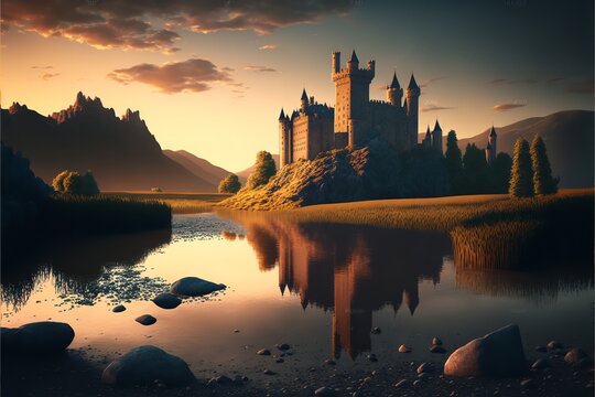 Castle by river at sunset, nice landscape in summer, Generative AI.