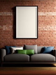 power mock-up on a brick wall, modern interior with a sofa