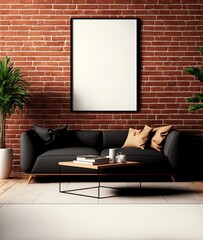 power mock-up on a brick wall, modern interior with a sofa