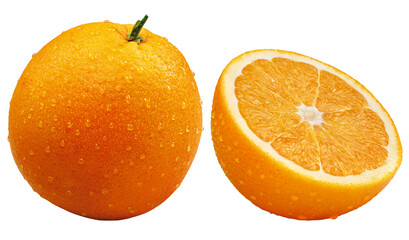 Laranja inteira e laranja cortado - laranjas molhadas  - obrazy, fototapety, plakaty