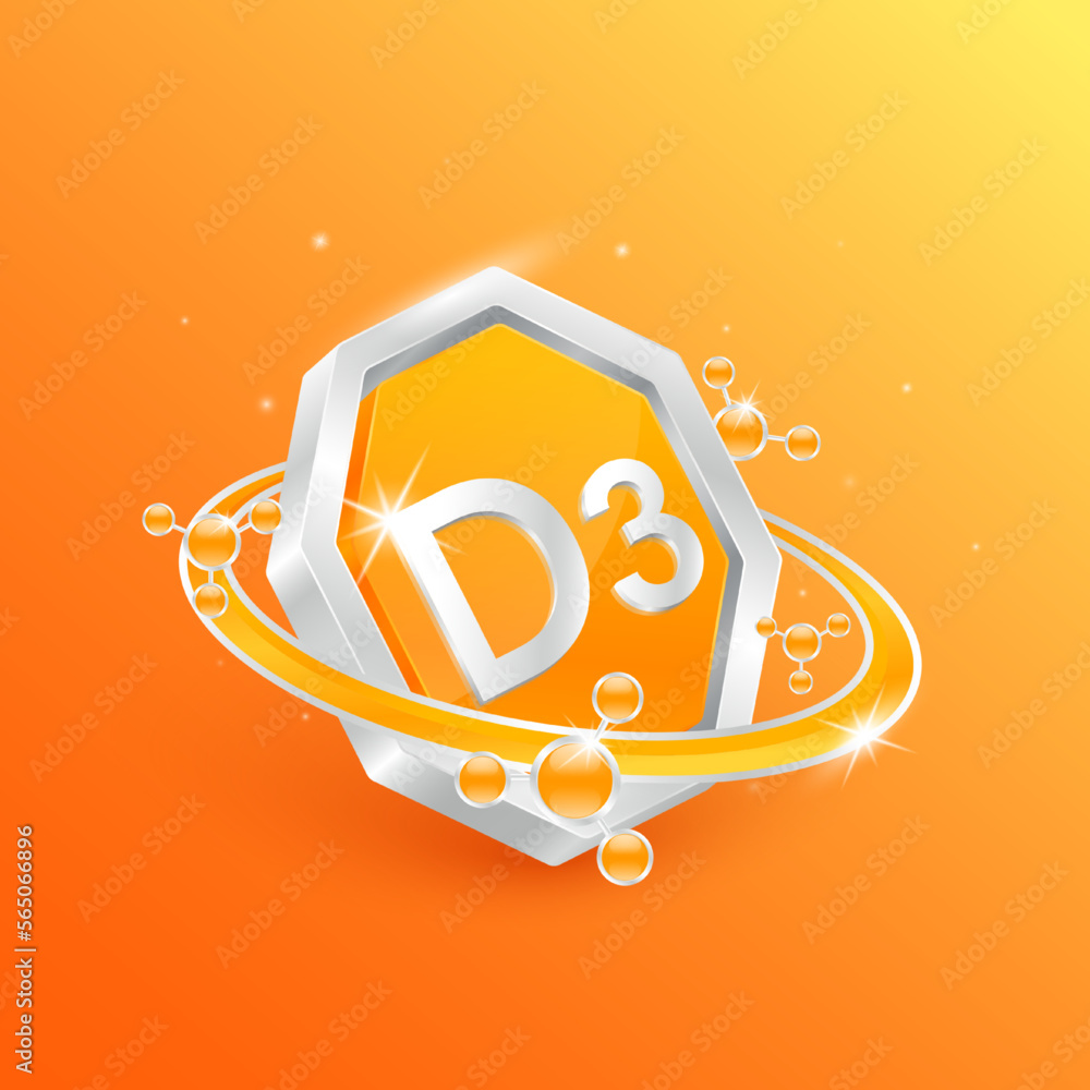 Wall mural logo label nutrition 3d silver. vitamin d3 in octagon orange shape and atom orbit around. used for p