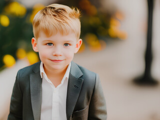 Young elegant boy in white shirt and suit. Blond portrait. Generative AI