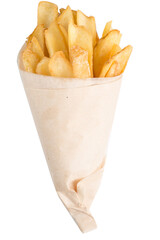 French fries in a paper bag. French fries in the form of chips