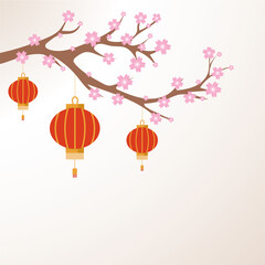 Happy lantern day, red chinese lanterns on cherry blossom branch. Congratulation banner, postcard, poster, vector