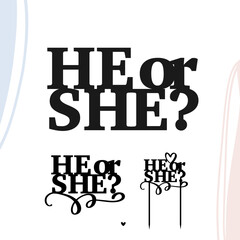 He or she gender reveal decal and cake topper one priece vector design. Typography phrase for freestanding centerpiece or window cling. Party decoration words.
