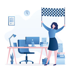 Happy woman holding the finish flag. Confident businesswoman successfully completed task, job or lesson. Office workplace with paper work. Employee winner, rewarding, victory. The end.