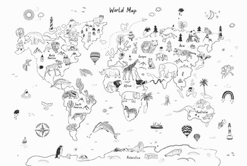 Animals world map line vector illustration. - 565067463