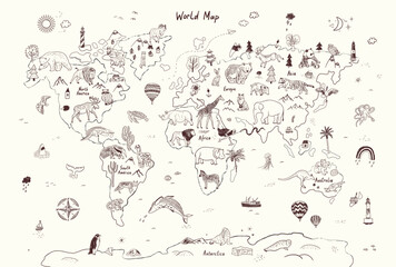 Animals world map line vector illustration. © GooseFrol