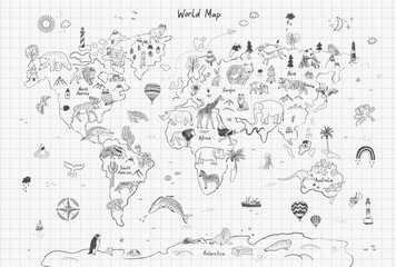 Animals world map line vector illustration. © GooseFrol