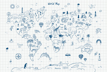 Animals world map line vector illustration. - Powered by Adobe