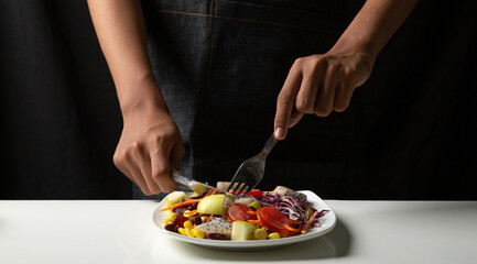 
 cooking vegetable salad ,vegetable salad top view mix fruit and  on white dish, Green vegan salad from green, 
Healthy clean eating layout vegetarian food, Fresh salad for breakfast