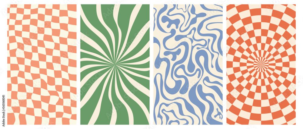 Poster set of groovy retro backgrounds. vertical posters with swirl and checkered texture. trendy vector ba