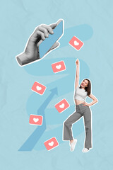 Creative trend collage of excited young lady dancing happy arm hold device gadget social media...