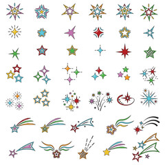 A set of cartoon colorful vector illustrations of stars isolated on a white background.