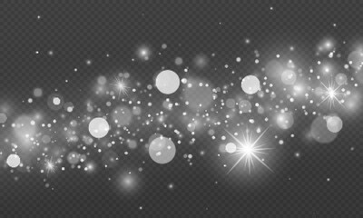 White sparks and stars glitter special light effect. Christmas abstract pattern. Sparkling magic dust particles.