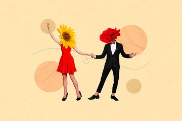 Creative abstract template collage of dancing couple dress suit tango have fun flowers instead head...