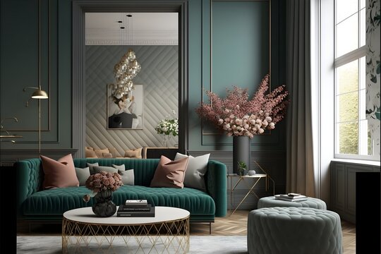 A living room concept with a color palette crafted with thought and precision. generative ai, Cohesive color and texture, with a harmonious, warm and inviting atmosphere.