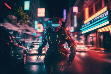 Samurai at night city street with neon lights. Generative ai