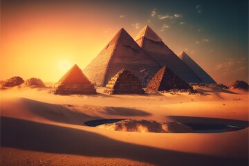 Pyramids at sunset, Cairo, Egypt. Fantasy Egyptian landscape, Generative AI.