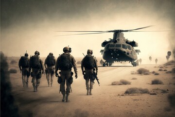 A group of soldiers walking across a desert with helicopter in background