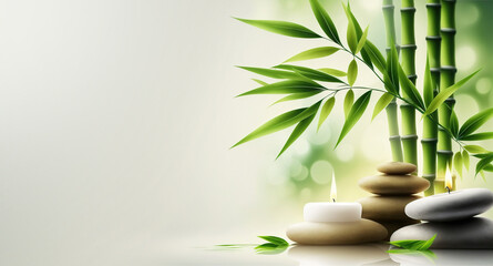 Fototapeta na wymiar Zen concept banner. Spa wellness background with green bamboo, candles, zen stones, and copy space. Generative ai