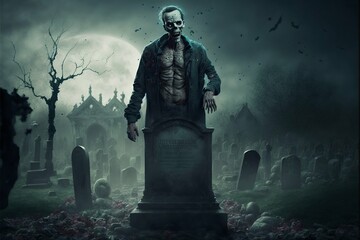 Fototapeta na wymiar Zombie horror on graveyard among the graves at the night. Generative Ai