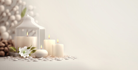 Wellness, spa beauty banner template. Modern design with flowers and candles on a isabelline background. Copy space. Generative ai