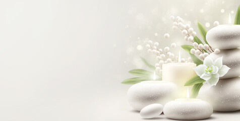 Obraz na płótnie Canvas Spa still life composition banner, burning candle, white massage stones and white flower on light gray background. Copy space. Generative ai