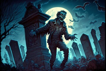 Zombie horror on graveyard among the graves at the night. Generative Ai