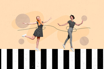Creative photo 3d collage artwork poster postcard of people beautiful girls step walk piano keys isolated on painting background
