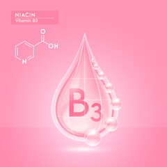 Pink shine vitamin B3 water drop with oxygen bubble net around and structure chemical formula. Niacin beauty skin care. For the design of medical, food and drug products. 3D Realistic Vector.