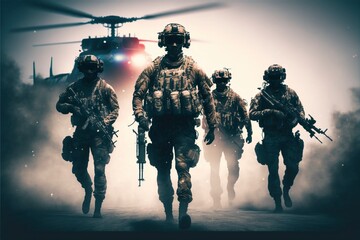 A group of soldiers walking across a desert with helicopter in background