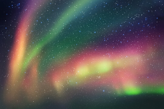 Night starry sky and Northern lights. Red-green aurora borealis