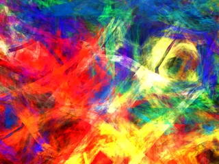 Foto op Plexiglas Mix van kleuren Imagen de arte fractal digital compuesta de trazos irregulares en colores llamativos sobre fondo negro mostrando algo parecido a unos campos arrasados por energía destructora.