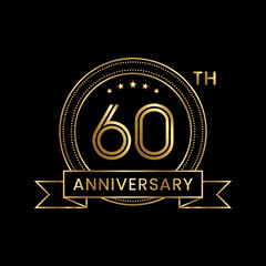 60th Anniversary logo design with golden text and ribbon. Logo Vector Template